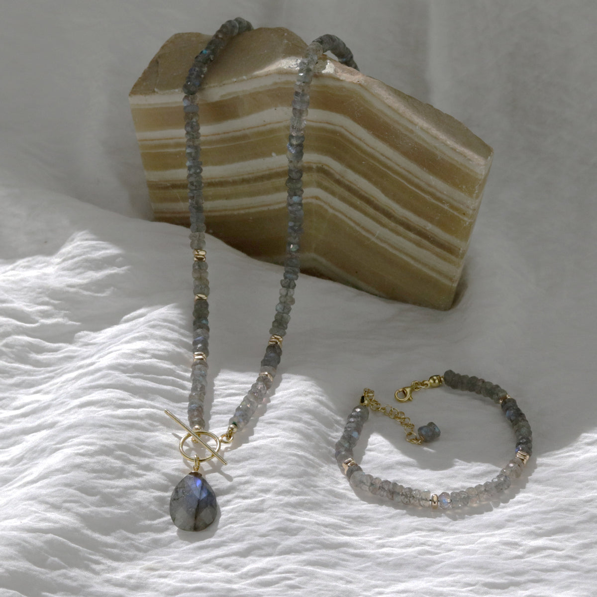 Labradorite Heishi & Plated Hematite Toggle Pendant