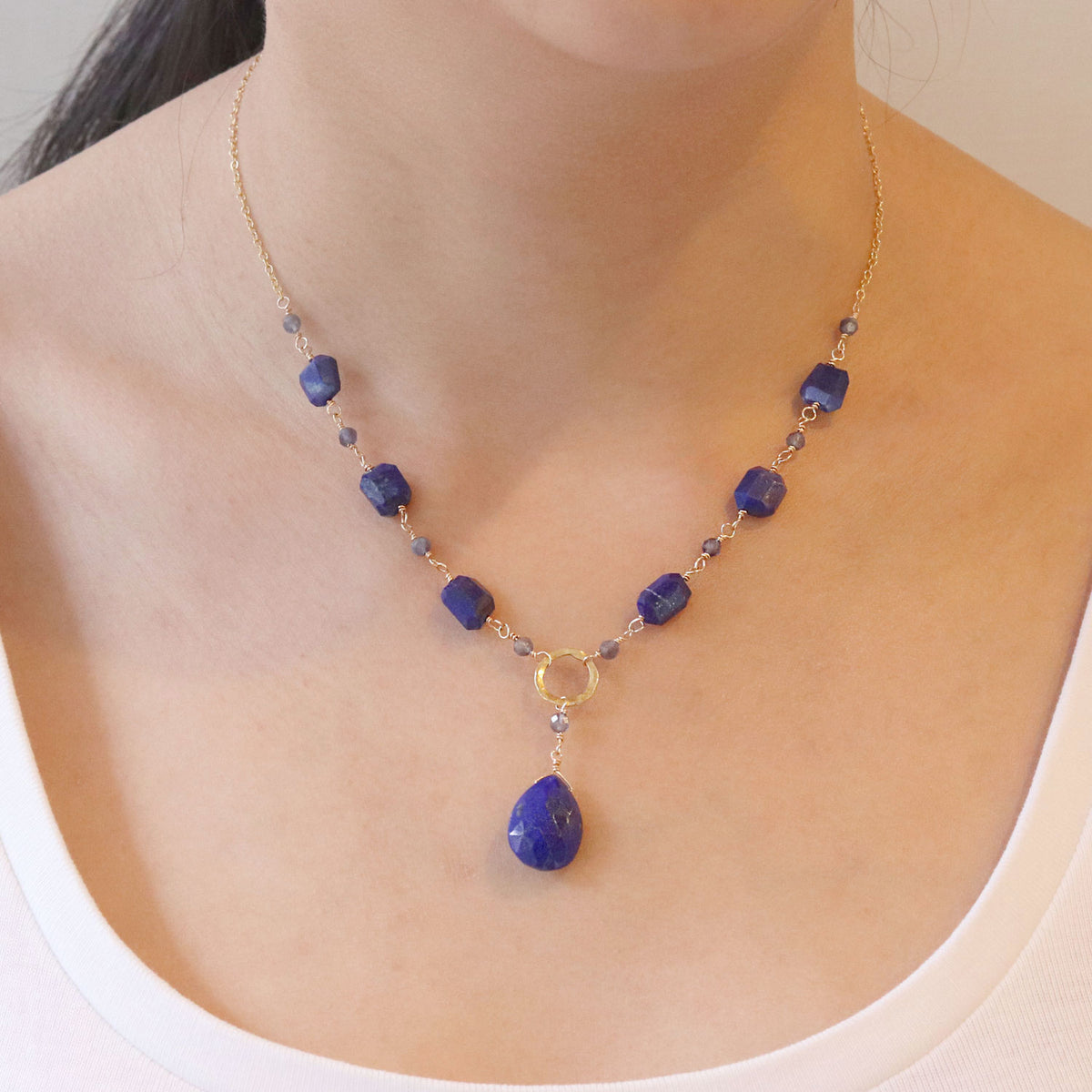 Hammered Circle Lapis Lazuli Y Necklace