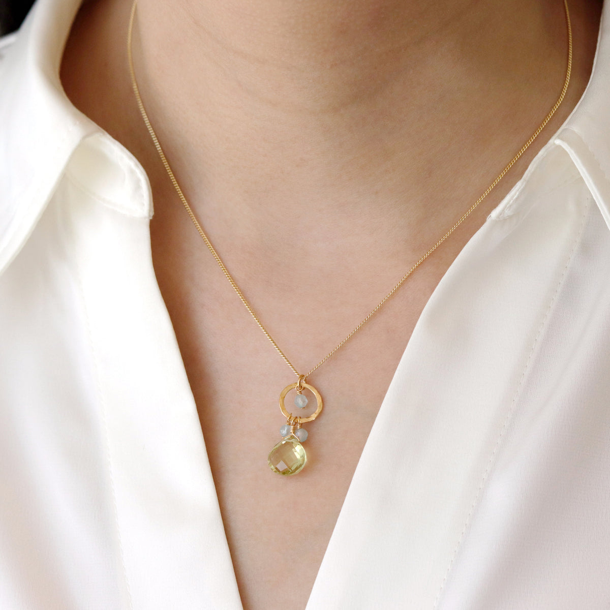 Hammered Circle & Gem Drop Necklace
