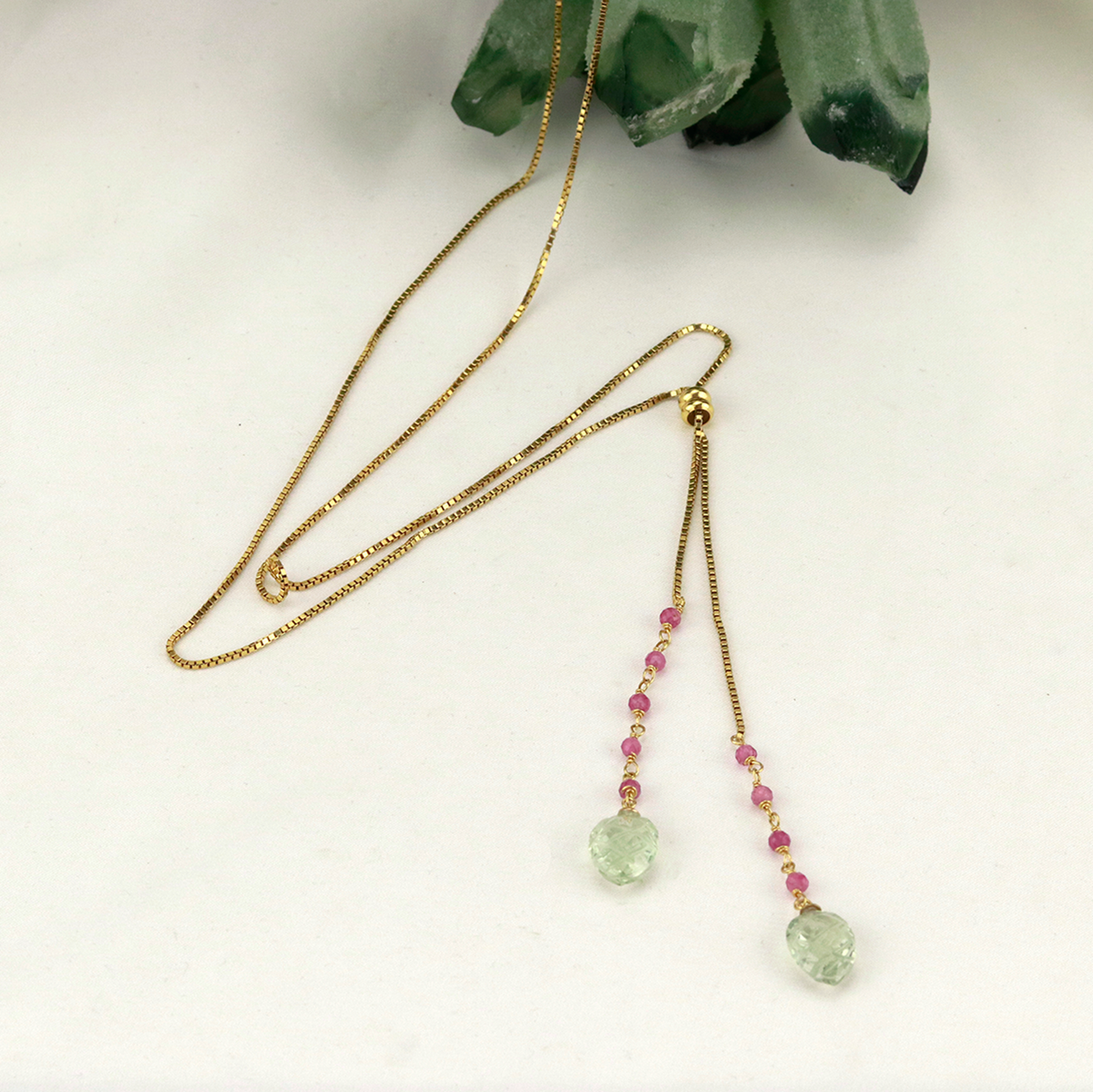 Carved Green Amethyst Lariat Necklace