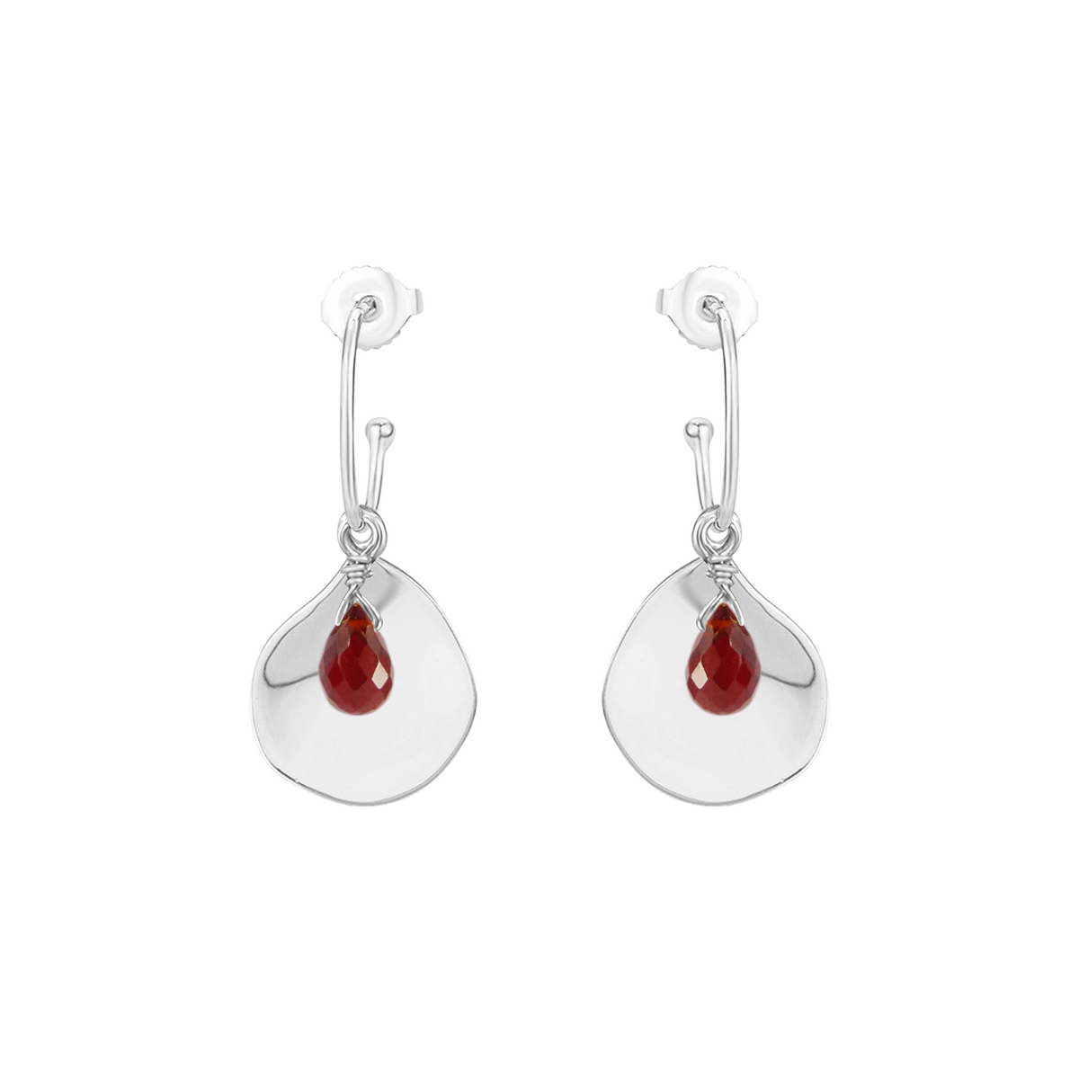 Flat teardrop briolette garnet oval hoop earrings, sterling silver handcrafted design