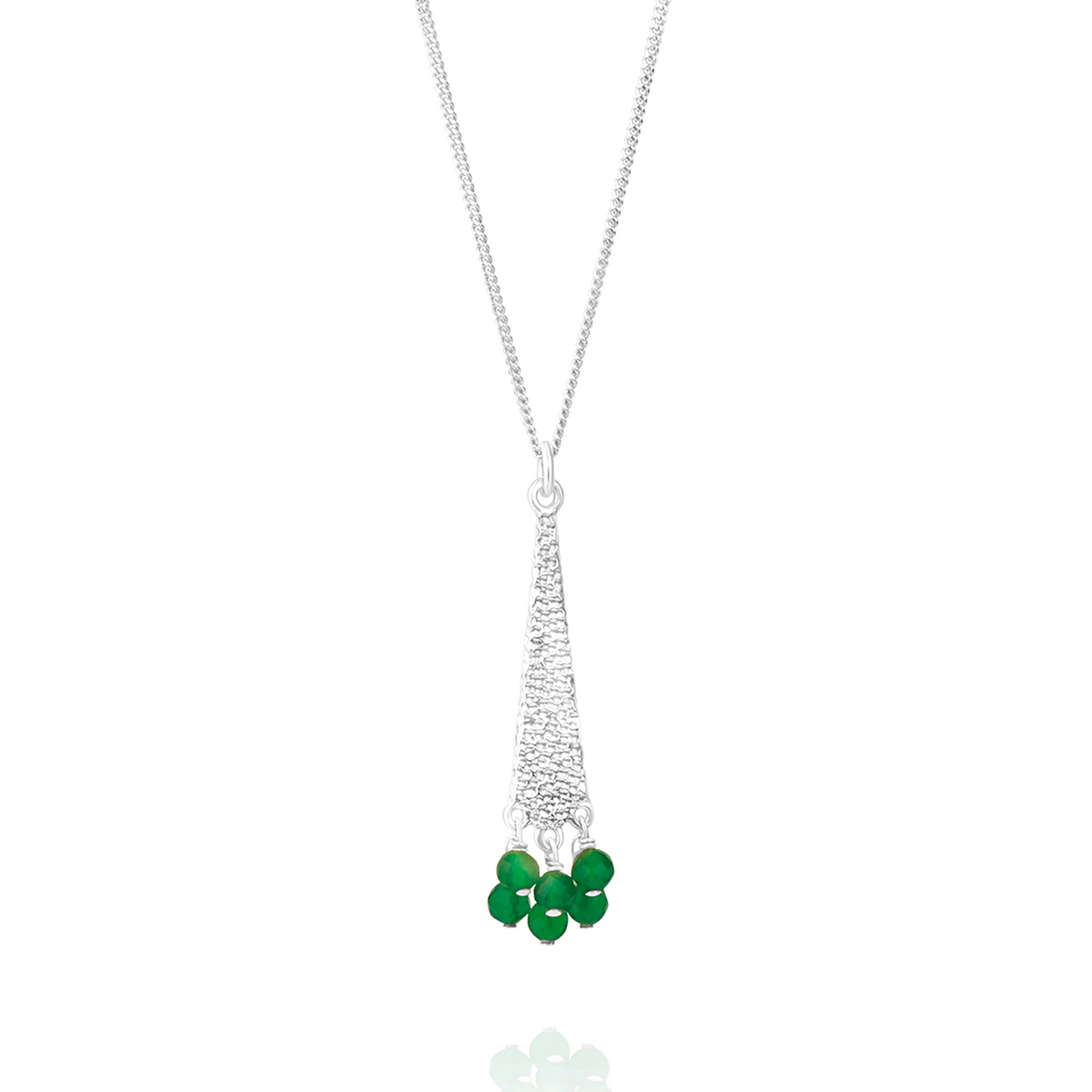 Stylish silver hammered textured triangle pendant featuring a vibrant green onyx gemstone for a modern and elegant look.