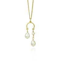Stylish double drop pearl pendant in gold, adding elegance and charm to any outfit.