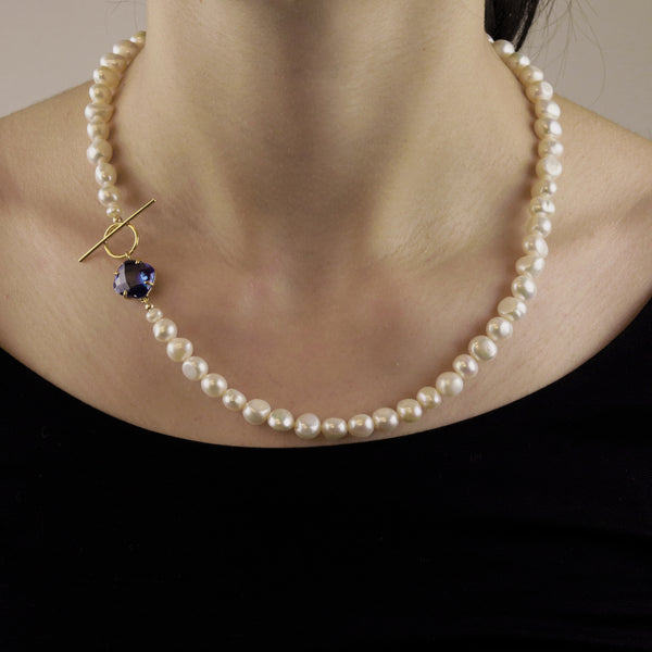Pearl & Cushion Cut Gemstone Toggle Necklace