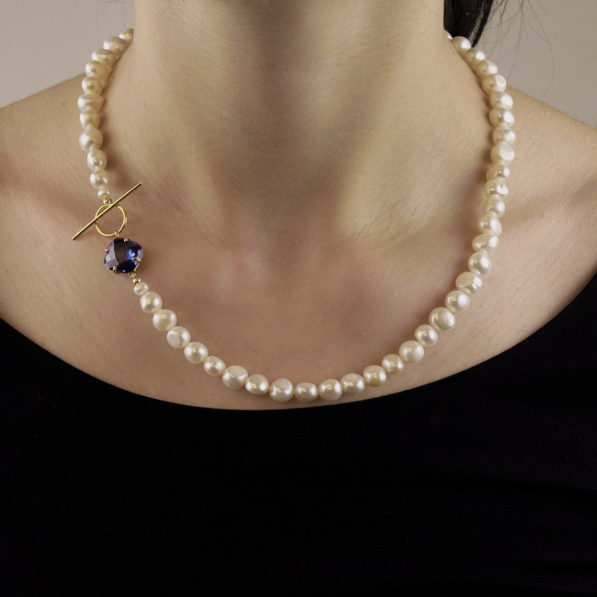 Pearl & Cushion Cut Gemstone Toggle Necklace