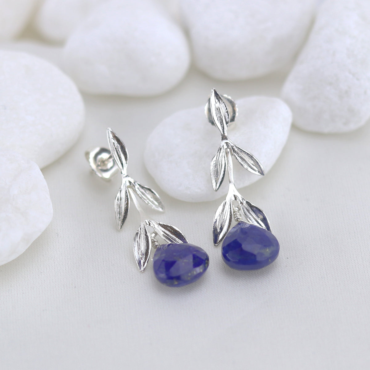 Silver Falling Leaves Lapis Lazuli Earrings