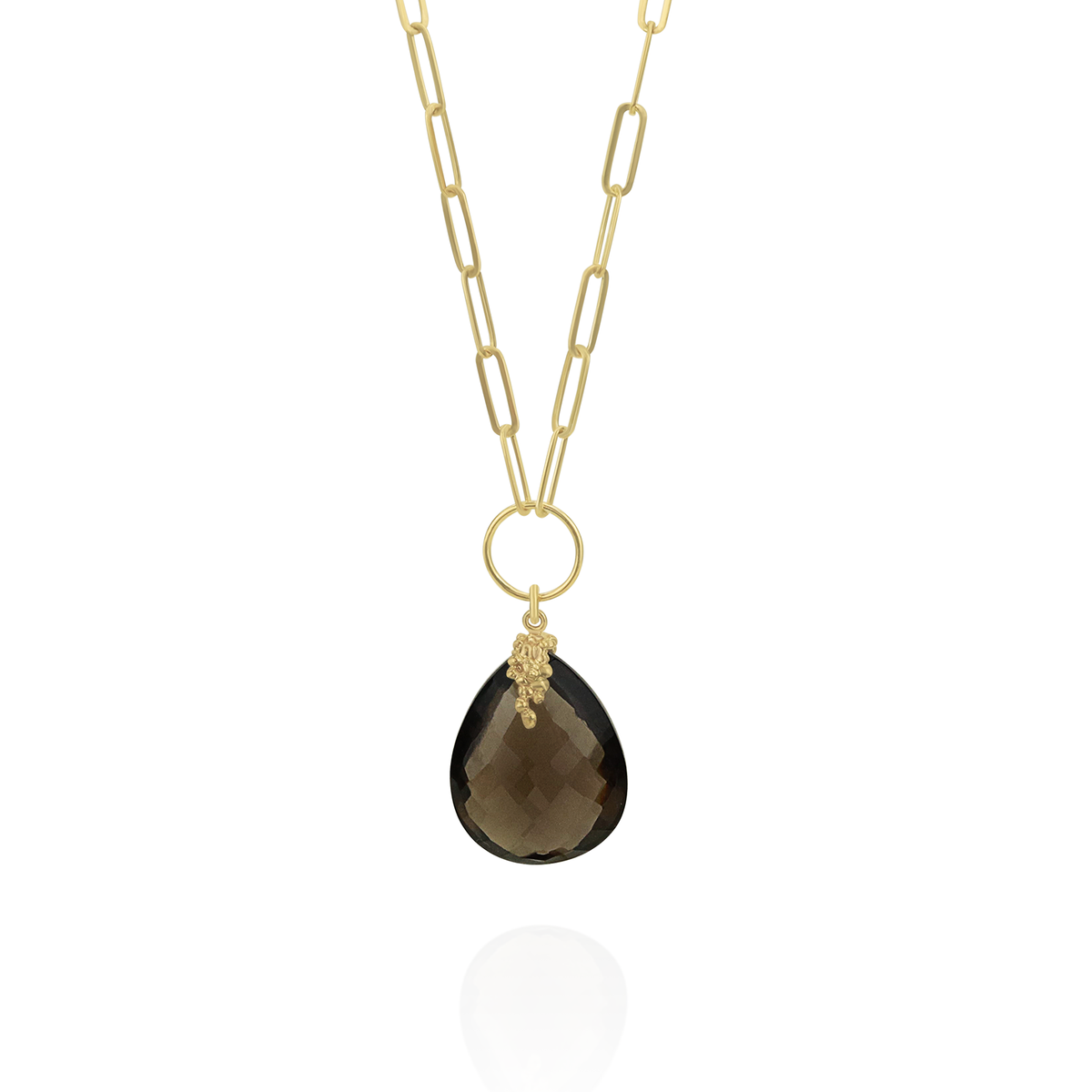 Elegant large pear-cut smoky quartz necklace in a refined setting, perfect for a sophisticated and timeless look.