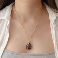 Model wearing a large pear-cut smoky quartz necklace, showcasing its elegant and sophisticated design.