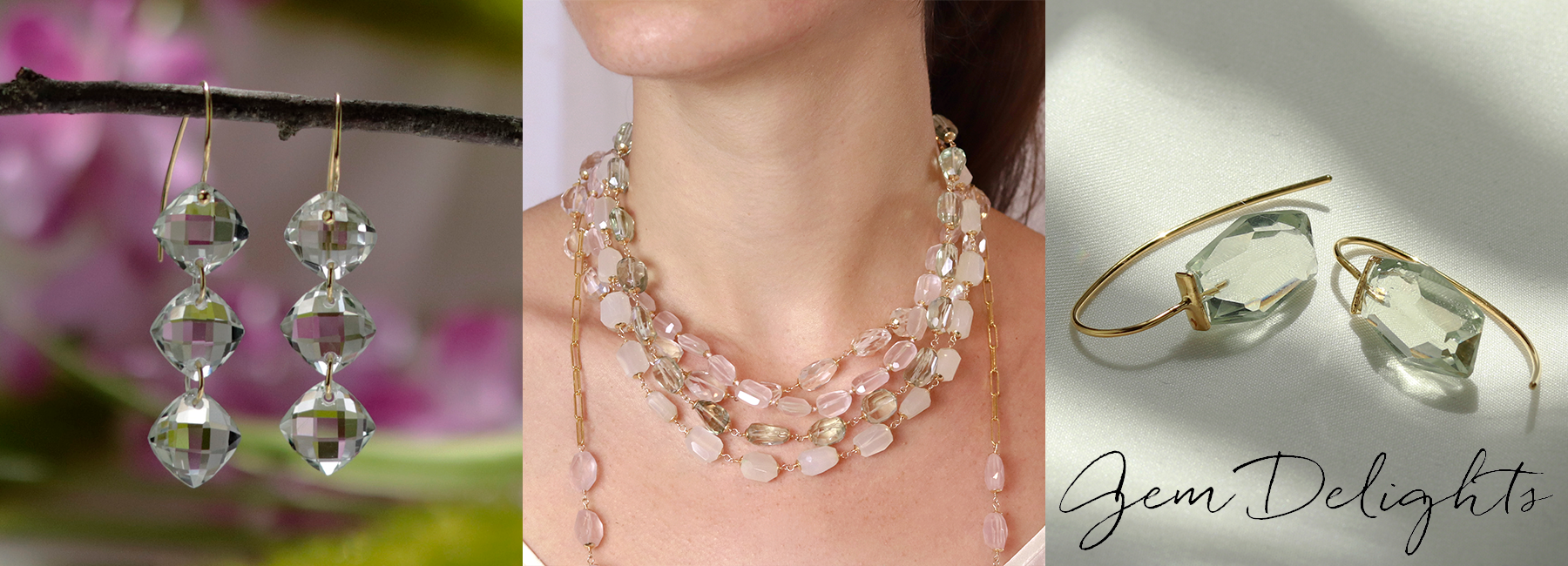 Models wearing handcrafted gemstone necklaces and earrings by MOUNIR Jewellery London