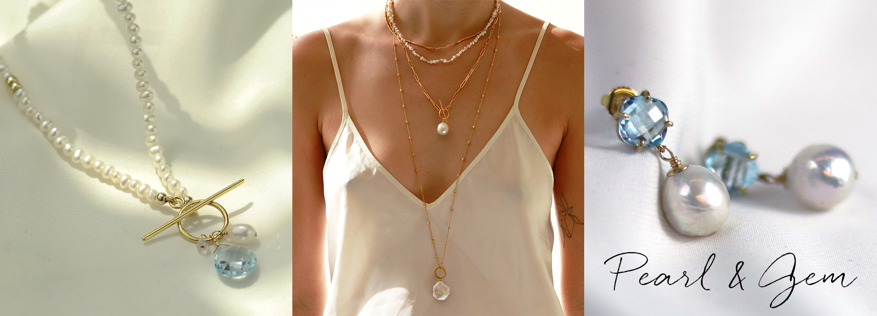 Models wearing handcrafted pearl and gemstone necklaces by MOUNIR Jewellery Londo