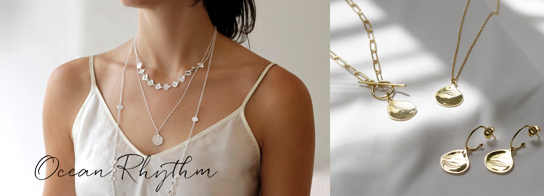 Model wearing handcrafted silver necklaces and earrings by MOUNIR Jewellery London