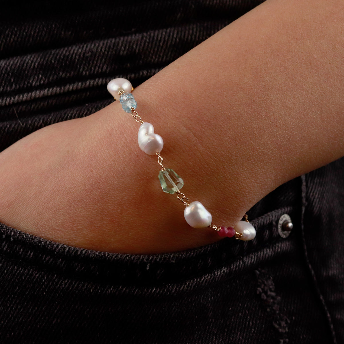 Multicoloured Gem and Pearl Bracelet