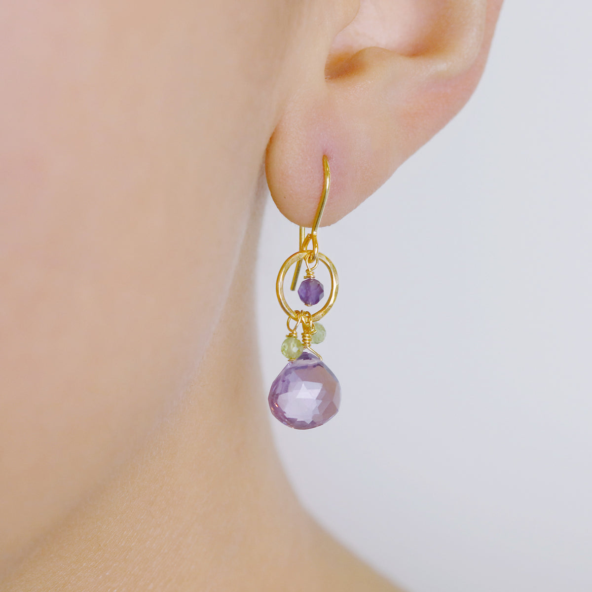 Hammered Circle & Gem Drop Earrings