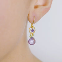 Hammered Circle & Gem Drop Earrings