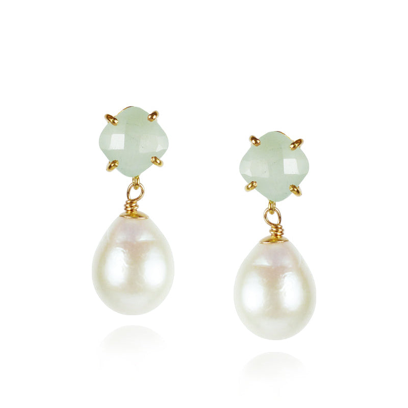 Cushion Cut Stone & Pearl Drop Earrings