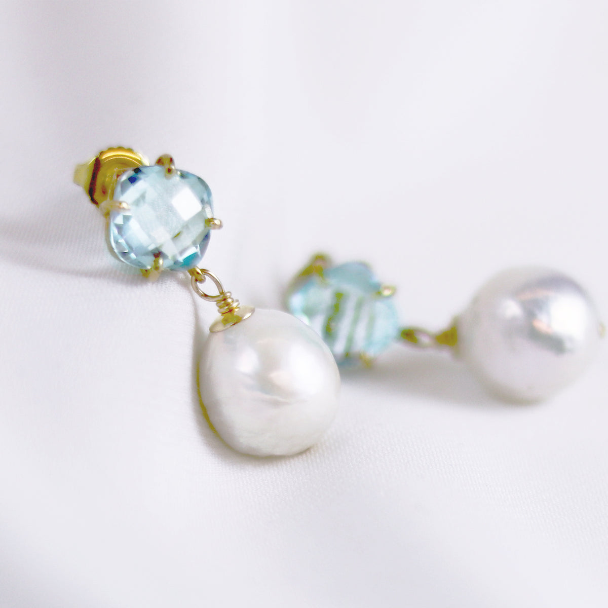 Cushion Cut Stone & Pearl Drop Earrings