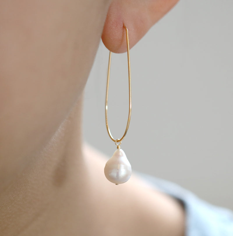 Oval Hoop Pearl Drop Earrings