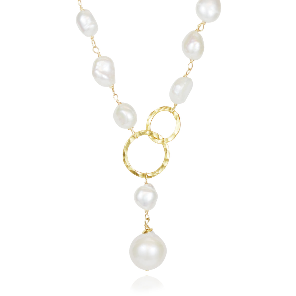 Pearl Y Necklace with Two Hammered Hoops