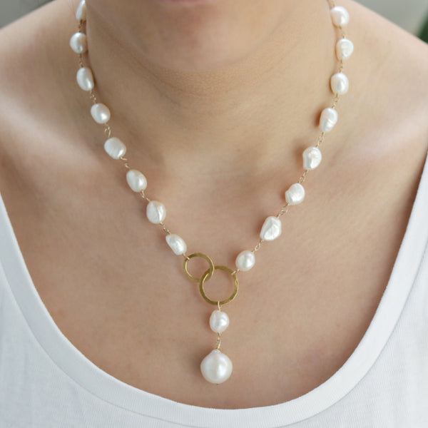 Pearl Y Necklace with Two Hammered Hoops