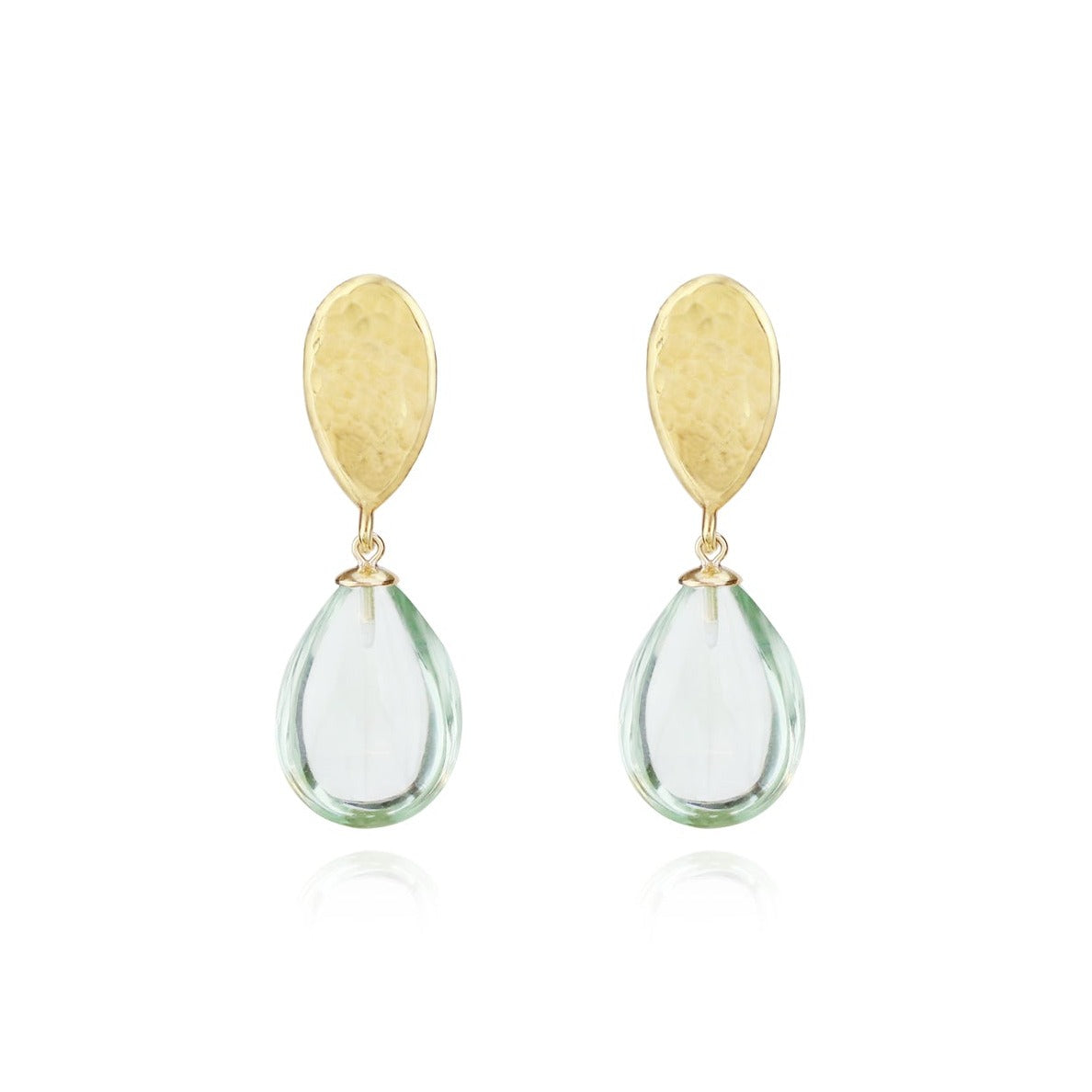 Green Drop Earrings with Gold Hammered Top