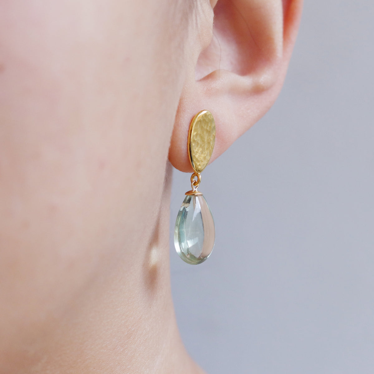 Green Drop Earrings with Gold Hammered Top