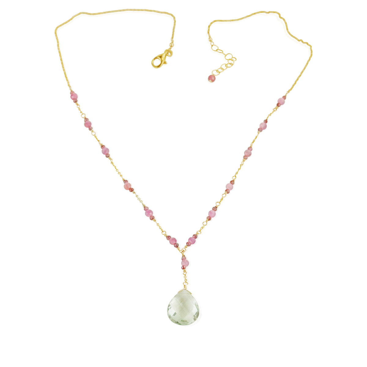 Pink Tourmaline and Green Amethyst Y Necklace