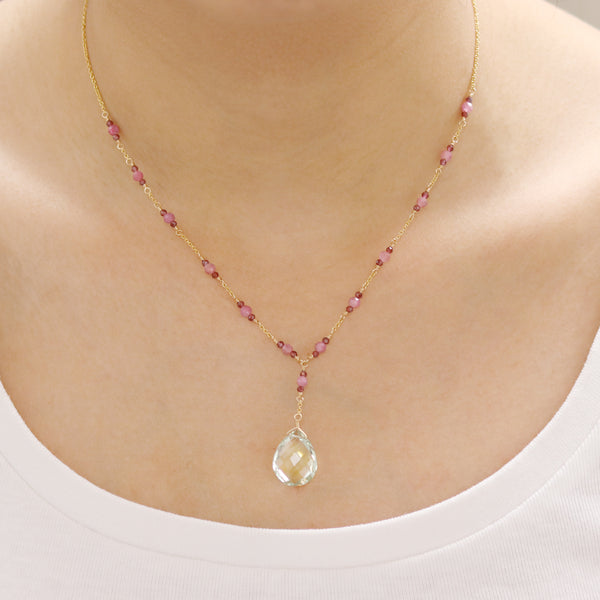 Pink Tourmaline and Green Amethyst Y Necklace