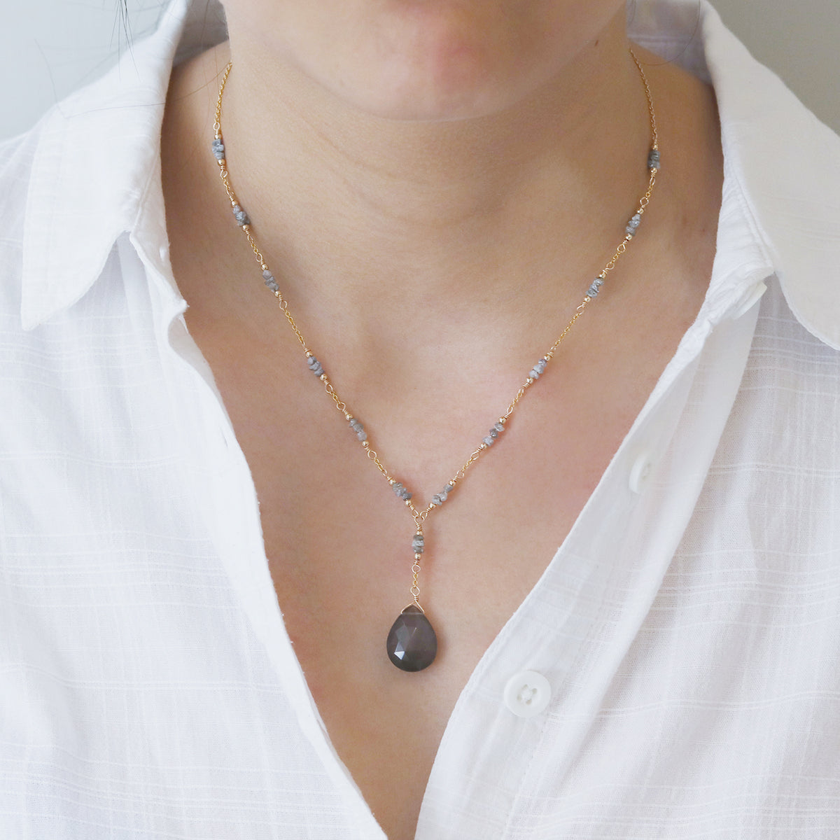 Diamond & Grey Moonstone Y Necklace