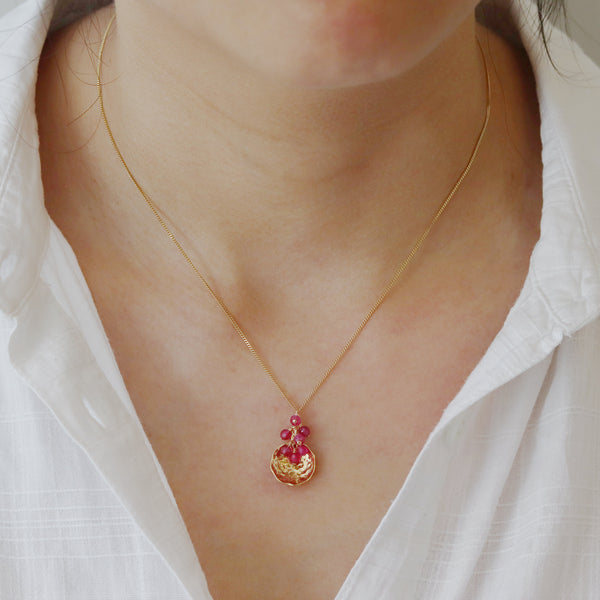 Hammered Disc & Ruby Cluster Pendant Necklace