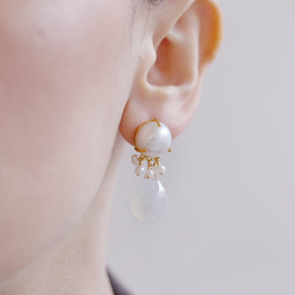 White Pearl & Drop Stone Earrings