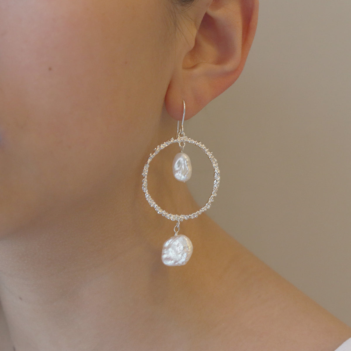 Double Pearl Textured Circle Earrings