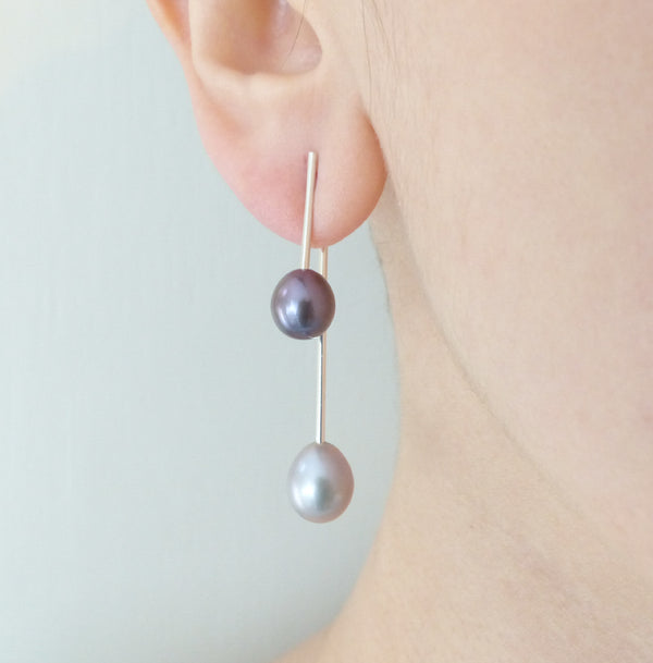 Silver Double Pearl Jacket Earrings